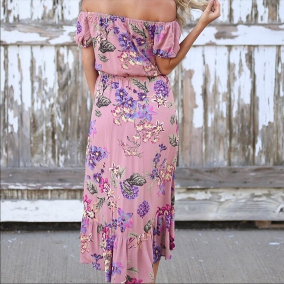 Pink Floral Off Shoulder Hi Low Dress - Picture 3 of 3